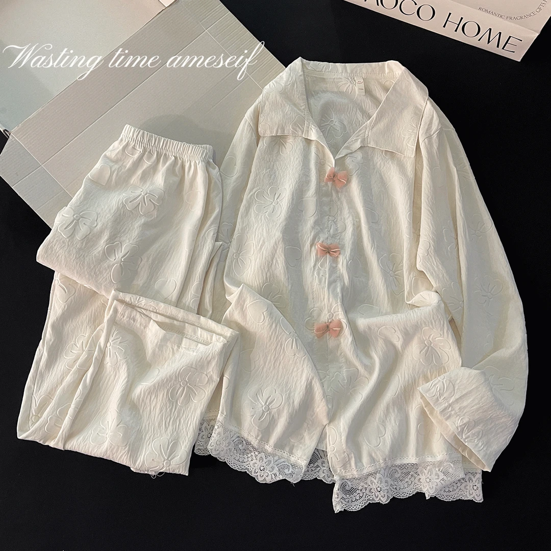 蕾丝ins蝴蝶结睡衣女新款简约杏色长袖休闲可外穿宽松家居服套装