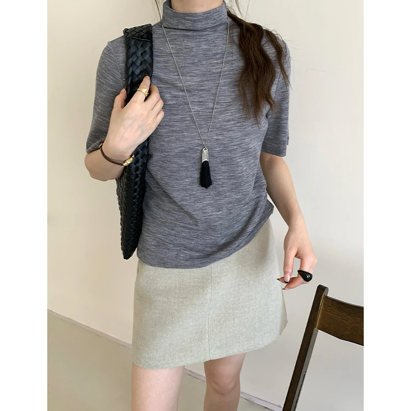 CKOUCCOO/扣蔻｜70支可机洗｜纯羊毛高领中袖打底衫女早秋薄款t恤