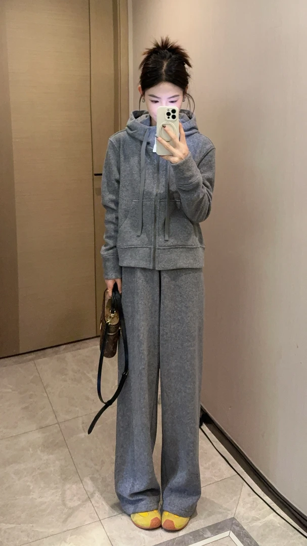雪花灰套装（加绒）显瘦宽松秋冬慵懒风套装D-1156