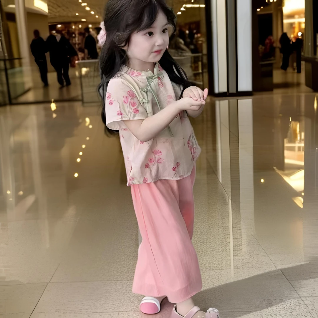 中国风套装单排扣薄款小童汉服旗袍裙碎花女夏季