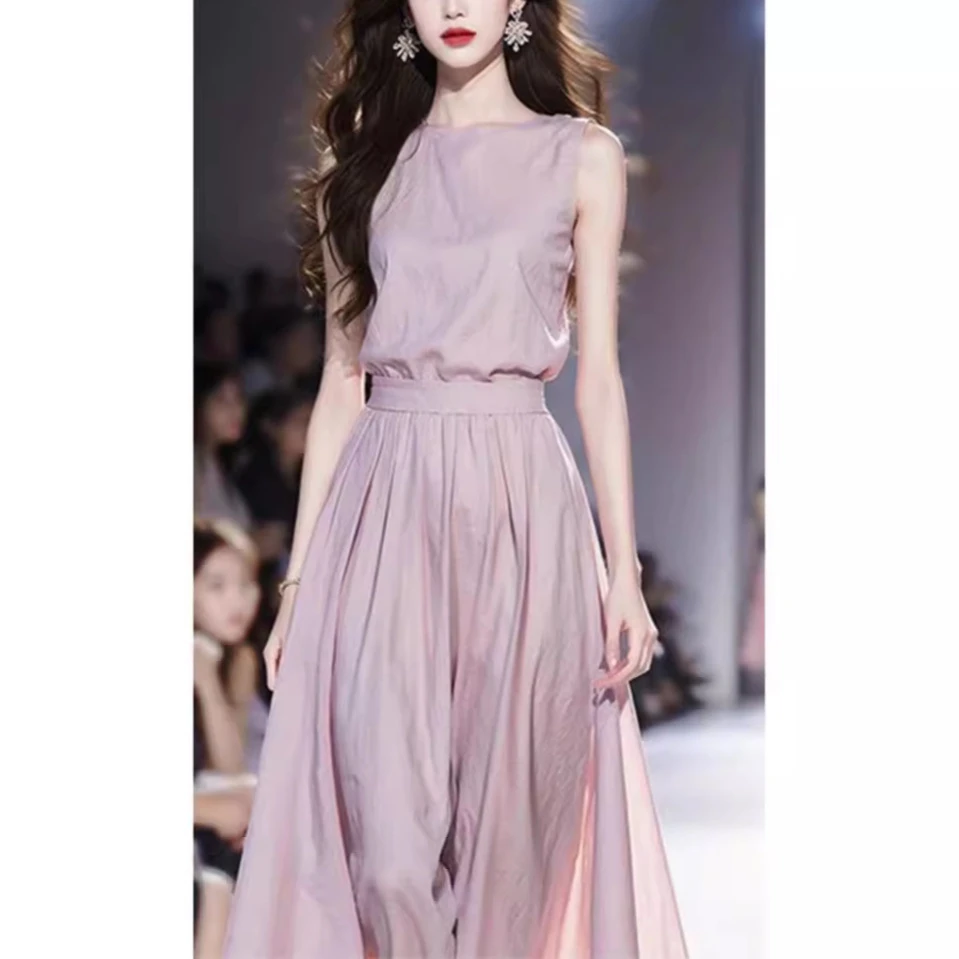 2025新款轻奢高级感收腰长裙法式漂亮独特紫色无袖连衣裙子女夏季