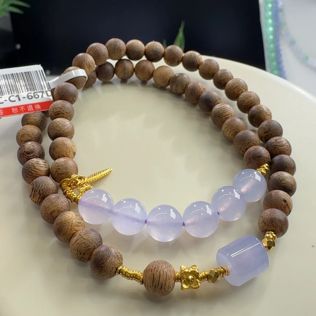 足金镶嵌手链翡翠高冰粉紫➕木珠手链 金：2.4g左右
