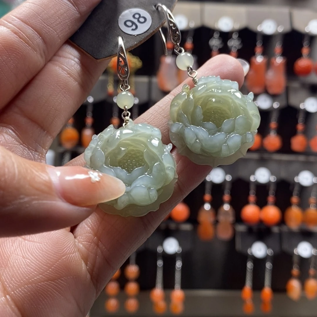 和田玉耳饰银S925镶嵌笛**缈