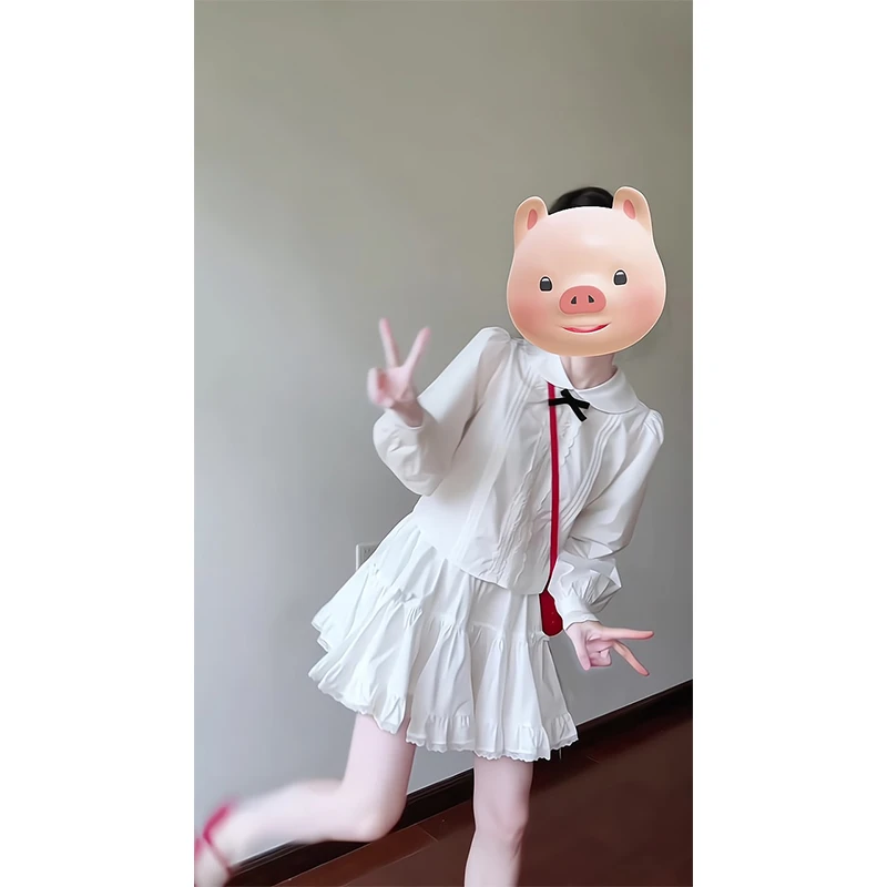 2025新款女春季法式气质小众设计感娃娃领衬衫上衣高腰显瘦半身裙