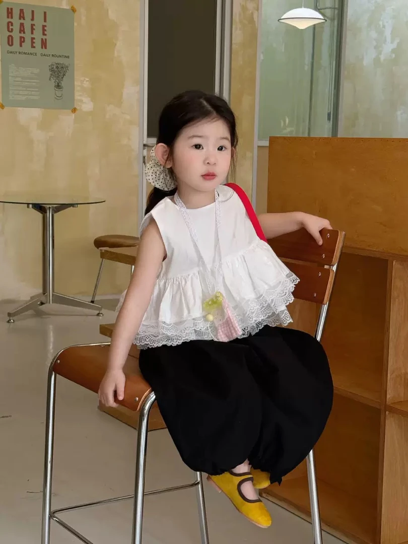 2025夏季新款韩版女童无袖背心蕾丝上衣洋气女孩 百搭阔腿花边裤
