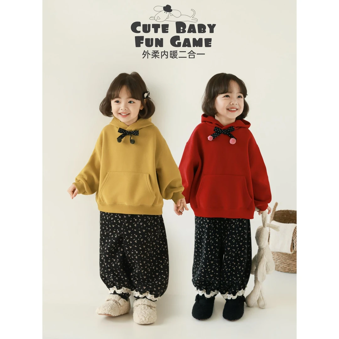 幼悠【蝴蝶甜美】冬四波女童宝宝慵懒风连帽加绒保暖卫衣D4725