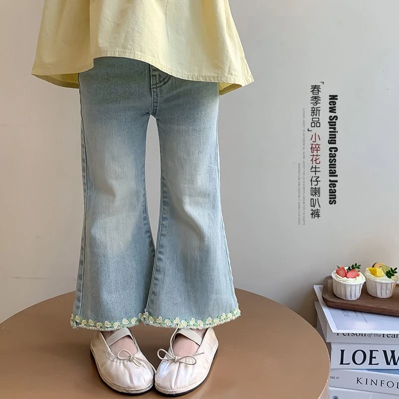 【热推爆款】女童春秋款牛仔裤2025新款洋气时髦女孩春装花边喇叭裤