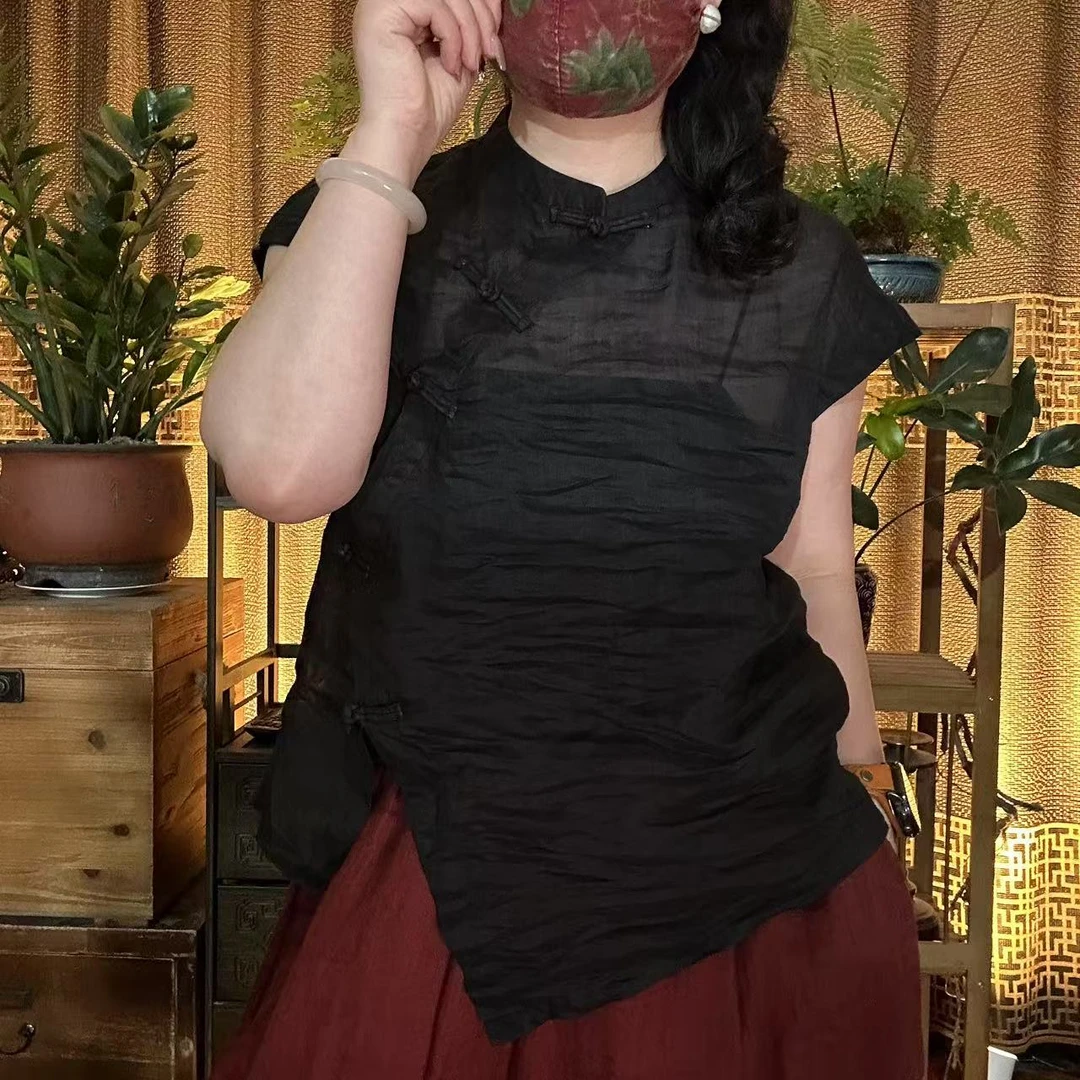 麻四-原创苎麻砂洗复古斜襟盘扣不规则时尚百搭上衣中国风女装