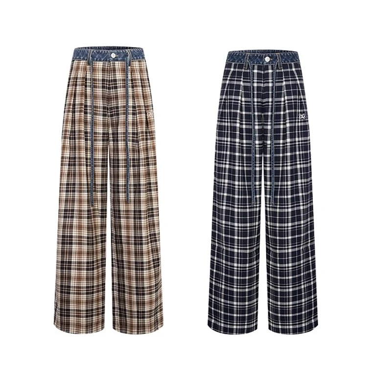 ANN ANDELMAN 直筒休闲长裤腰头拼接牛仔格纹休闲裤