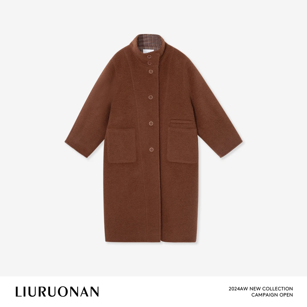 LIURUONAN 24AW 【木橘大衣】兔毛小立领长袖宽松中长款毛呢外套女