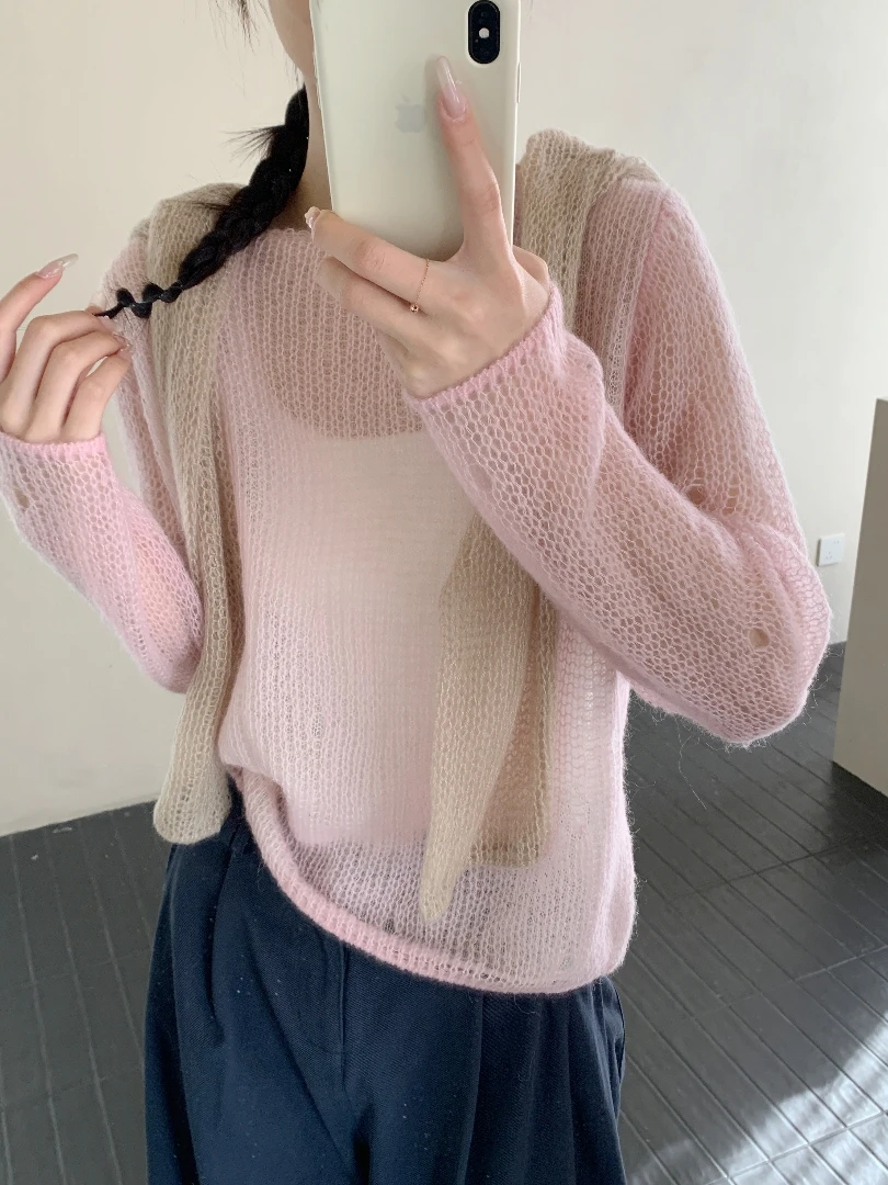 【潘潘.968859】2025年春夏新款超幼马海马圆领镂空纯色套头针织衫