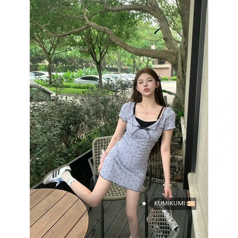 TZZZ设计感小众别致假两件连衣裙女夏季收腰修身显瘦包臀裙短裙子