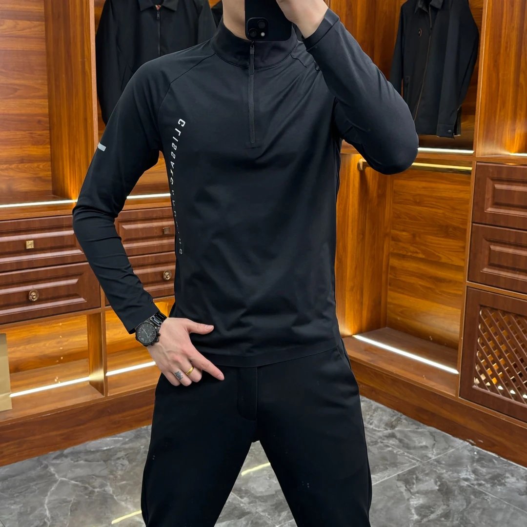 33676夏季新款2025户外男士休闲商务立领修身拉链纯色长袖上衣