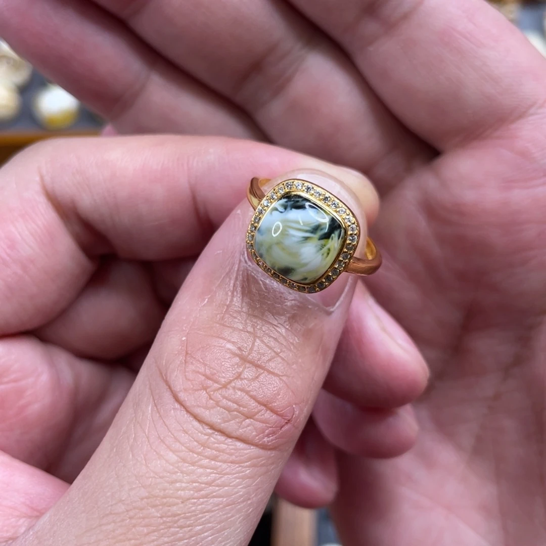 琥珀未镶嵌裸石银戒指