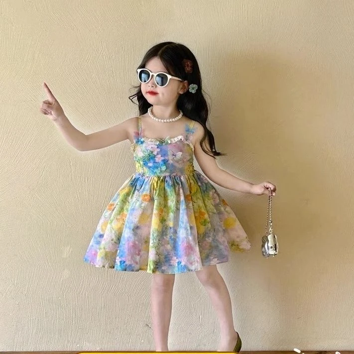 女童油画吊带连衣裙2025夏季新款小女孩度假风晕染碎花蝴蝶公主裙