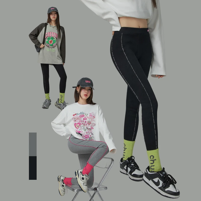 【达人专属】CHUU时尚松紧腰修身裤子女高腰撞色休闲打底裤-Q