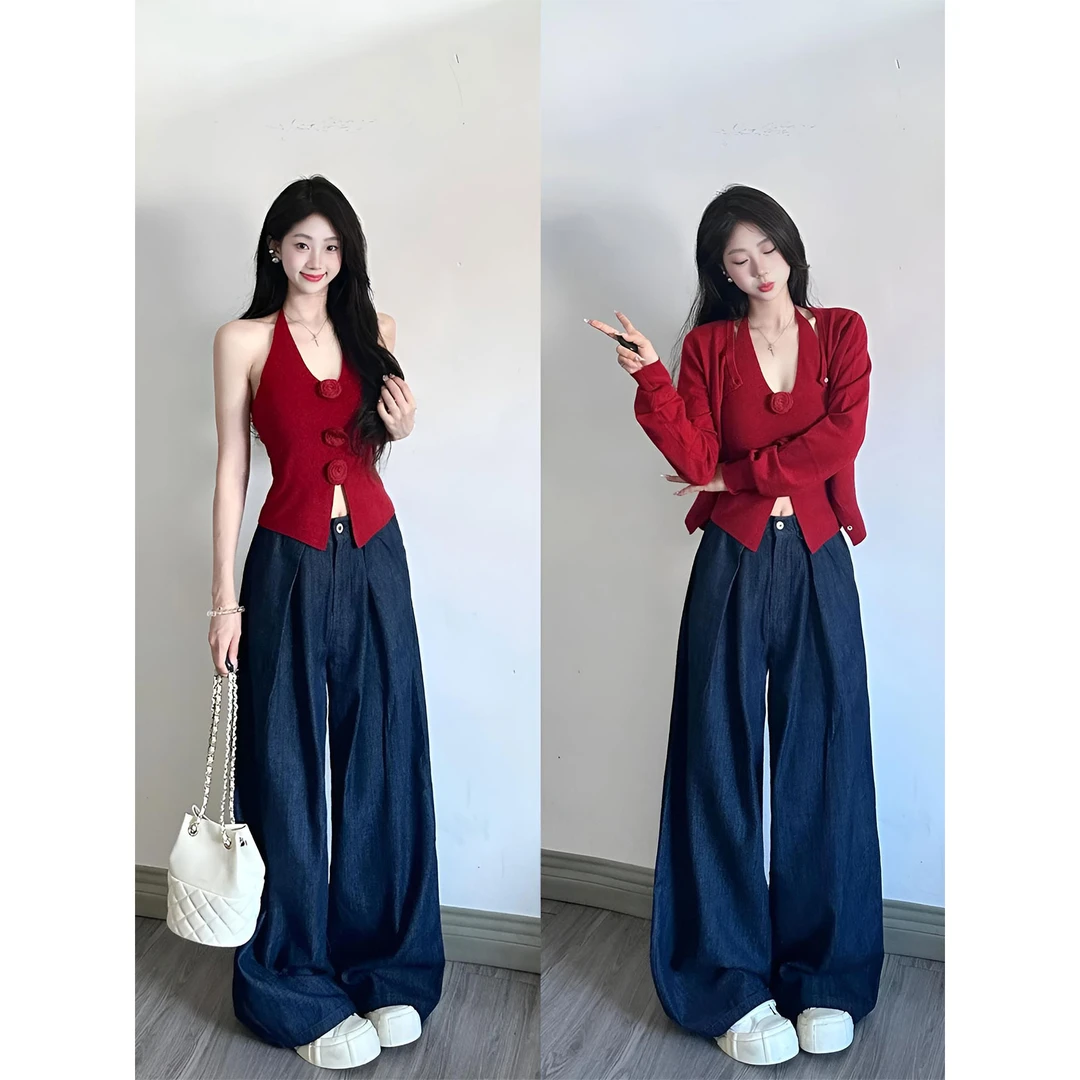 立体花朵挂脖背心针织开衫套装女2025年春季阔腿牛仔裤上衣三件套