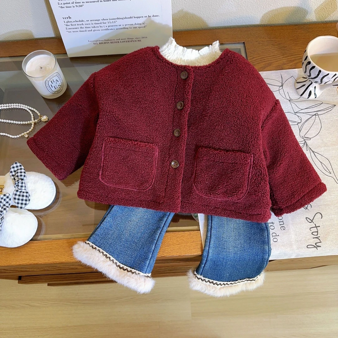 【优米】女童纯色夹棉外套冬季新款加厚毛毛保暖外套上衣AWA198