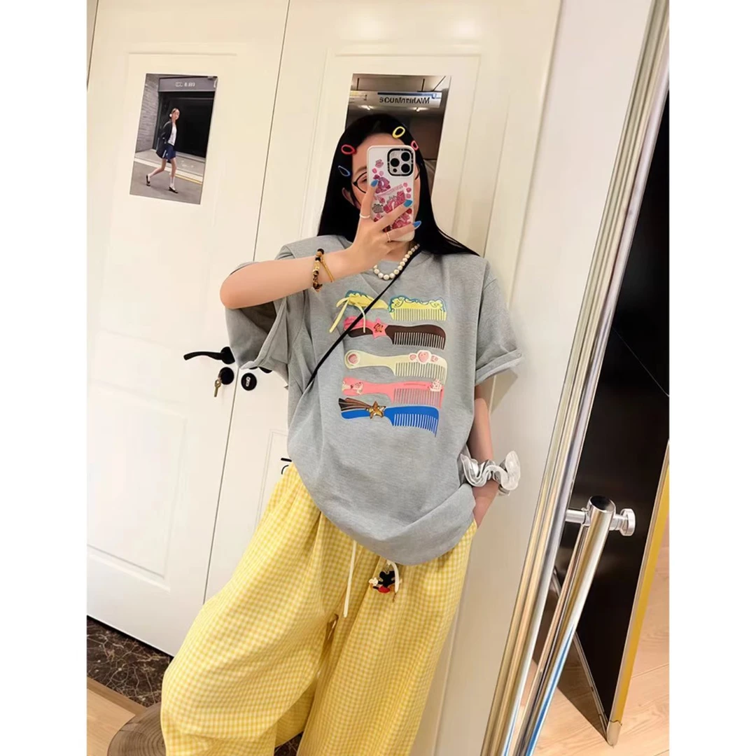 曼曼【 彩色梳子】韩版时髦印花短袖T恤女宽松大版上衣