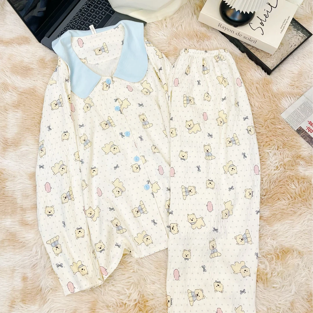 春秋长袖长裤微胖女生大码女生胖mm200斤睡衣女套装甜美家居服