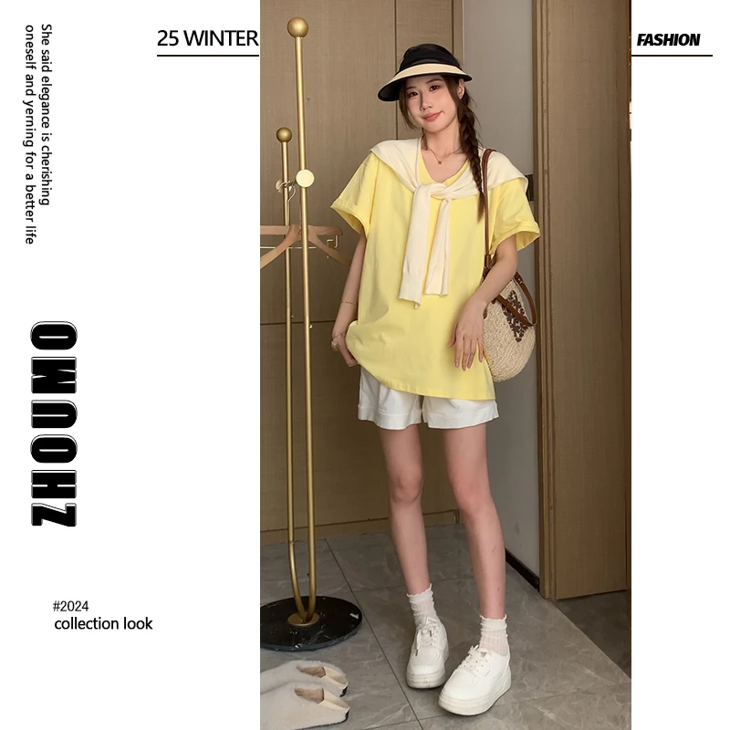 【随性出街】2025孕期时尚洋气带披肩针织宽松体恤搭孕期短裤二件套