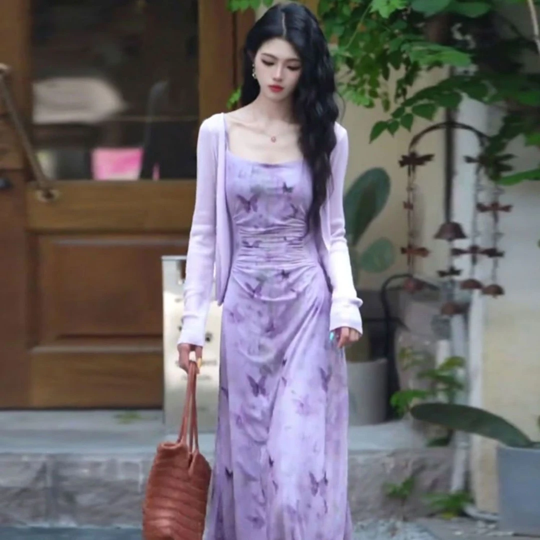 碎花吊带连衣裙女2025早春新款法式气质高级感收腰显瘦开衫两件套