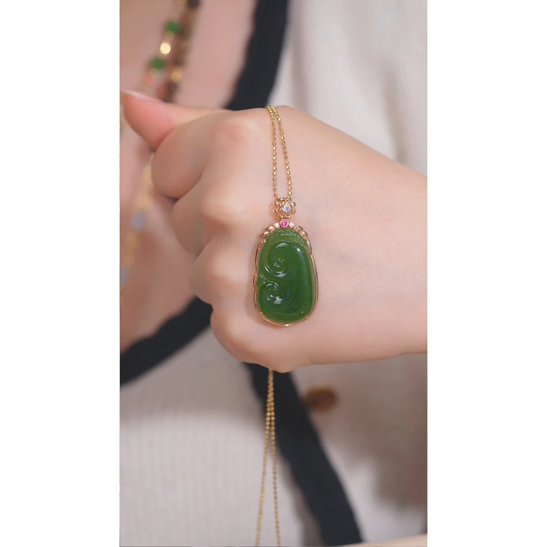 和田玉吊坠不含链18K金镶嵌@@P1107