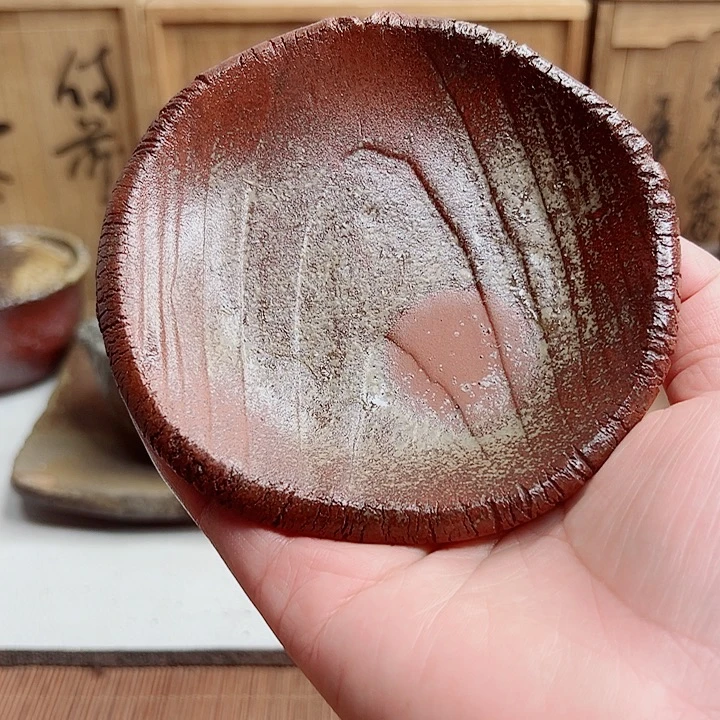 备前烧，手捻杯拖，无款，