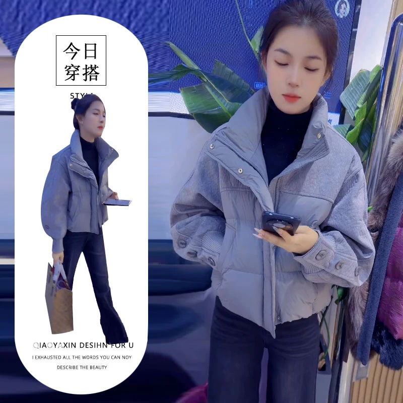 灰色设计感洋气拼接棉服女2025冬季时尚复古立领保暖棉袄外套