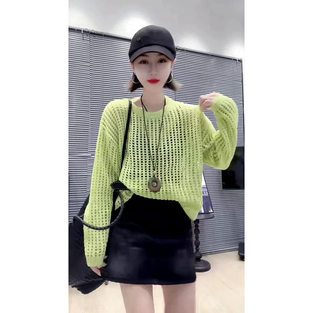 韩系时尚薄款网洞镂空宽松显瘦百搭圆领长袖针织衫