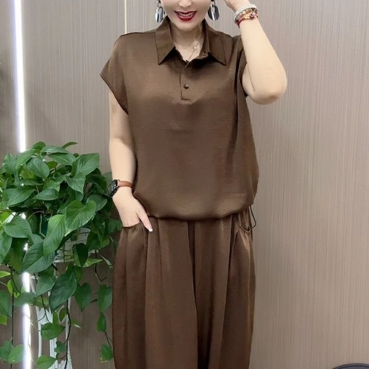 2025新款夏季大码时尚洋气休闲百搭减龄显瘦纯色女士气质短袖套装