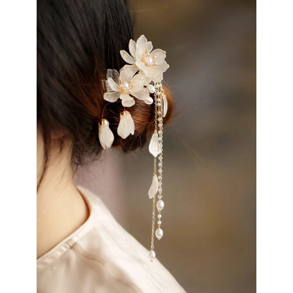发夹女后脑勺清新玉兰花流苏边夹侧边少女头饰丸子头发饰旗袍古典