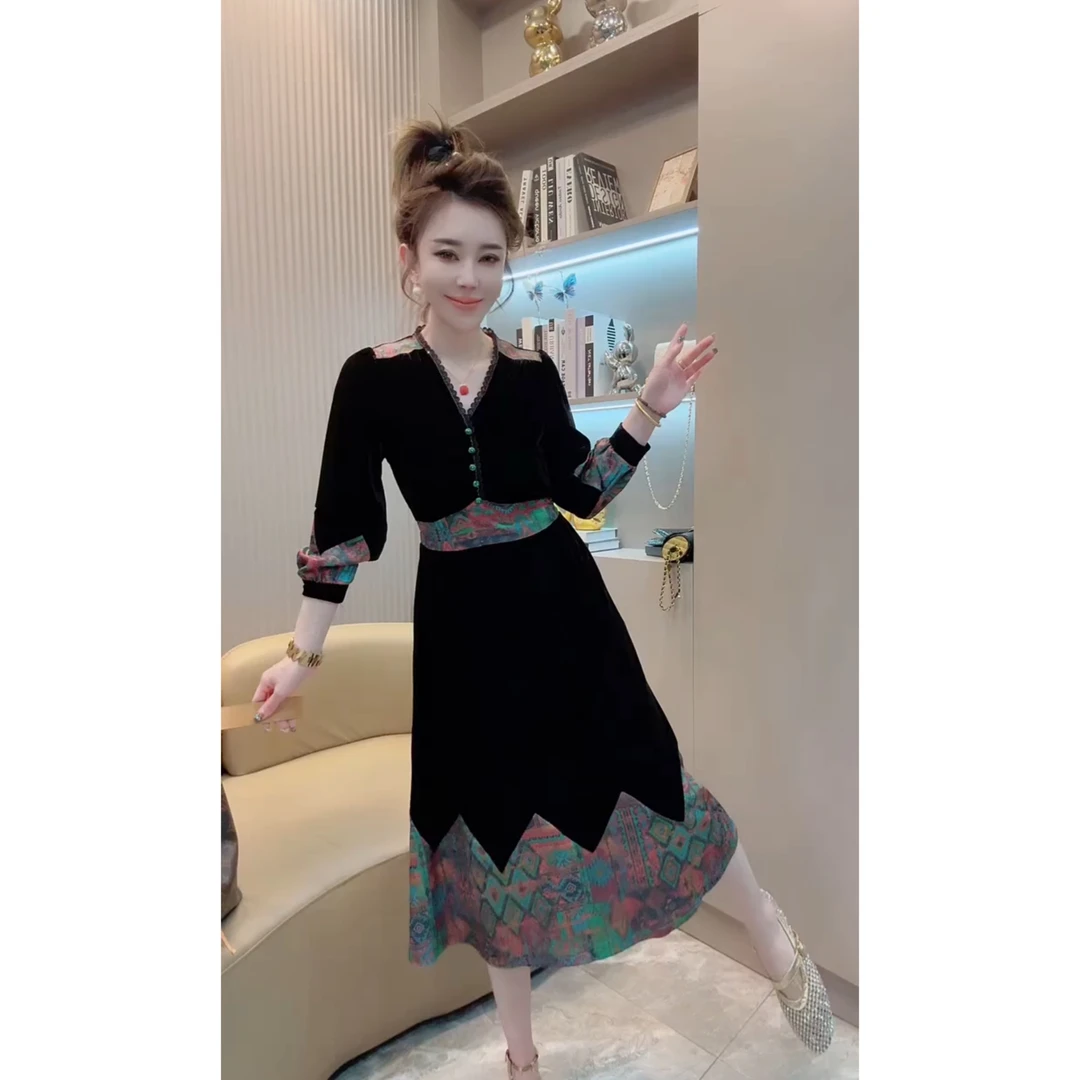 秋季时尚修身显瘦拼接V领长裙气质百搭连衣裙