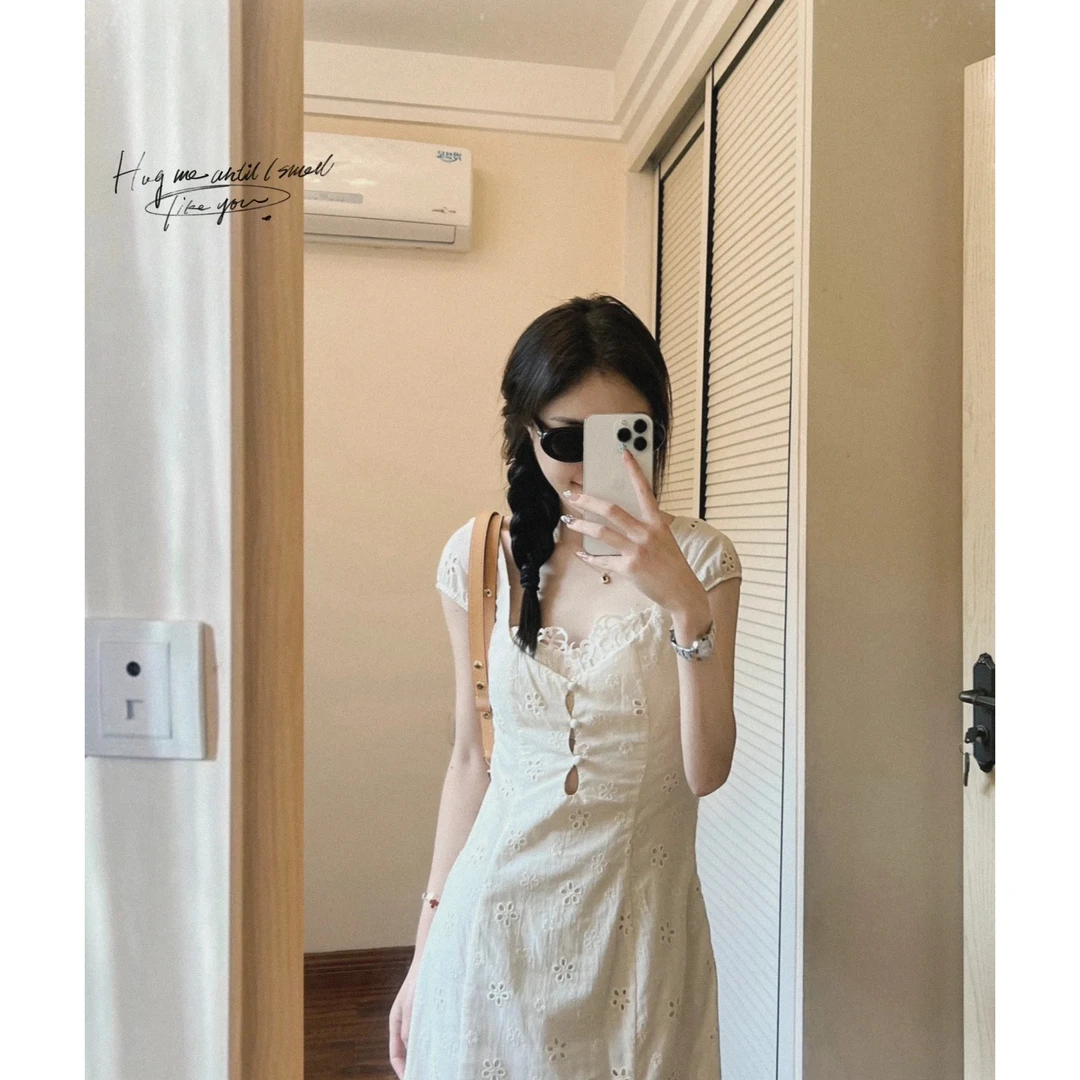 OAKMOO/ "悸动的时光"奶油白简约修身蕾丝拼接连衣裙女夏季肌理感