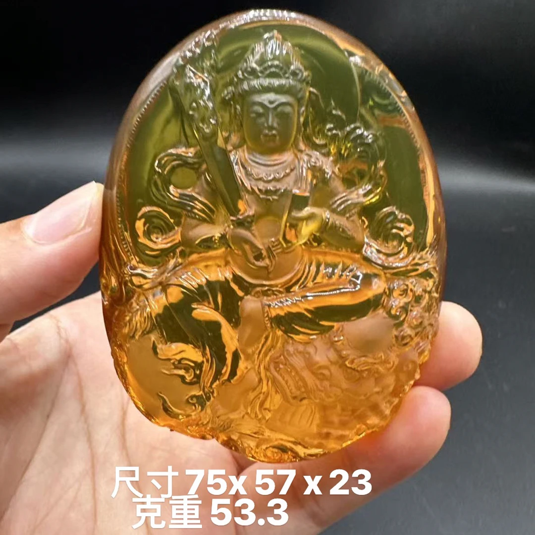 缅甸天然琥珀大师工蓝珀净水雕刻文殊菩萨挂件吊坠