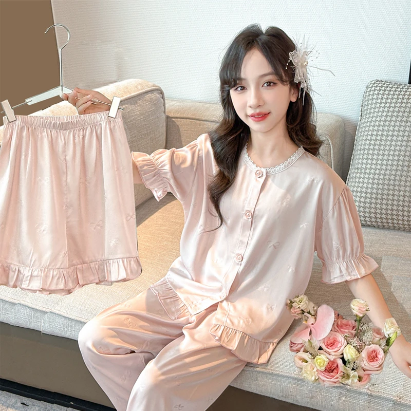 女童冰丝睡衣夏款三件套儿童网红家居服公主风短袖长裤女孩空调服