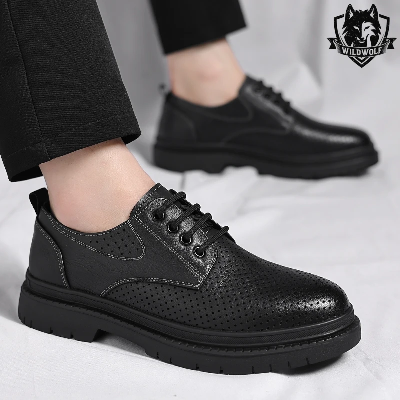 高端皮鞋男士款2025夏季透气商务休闲男鞋薄款镂空黑色潮流英伦风
