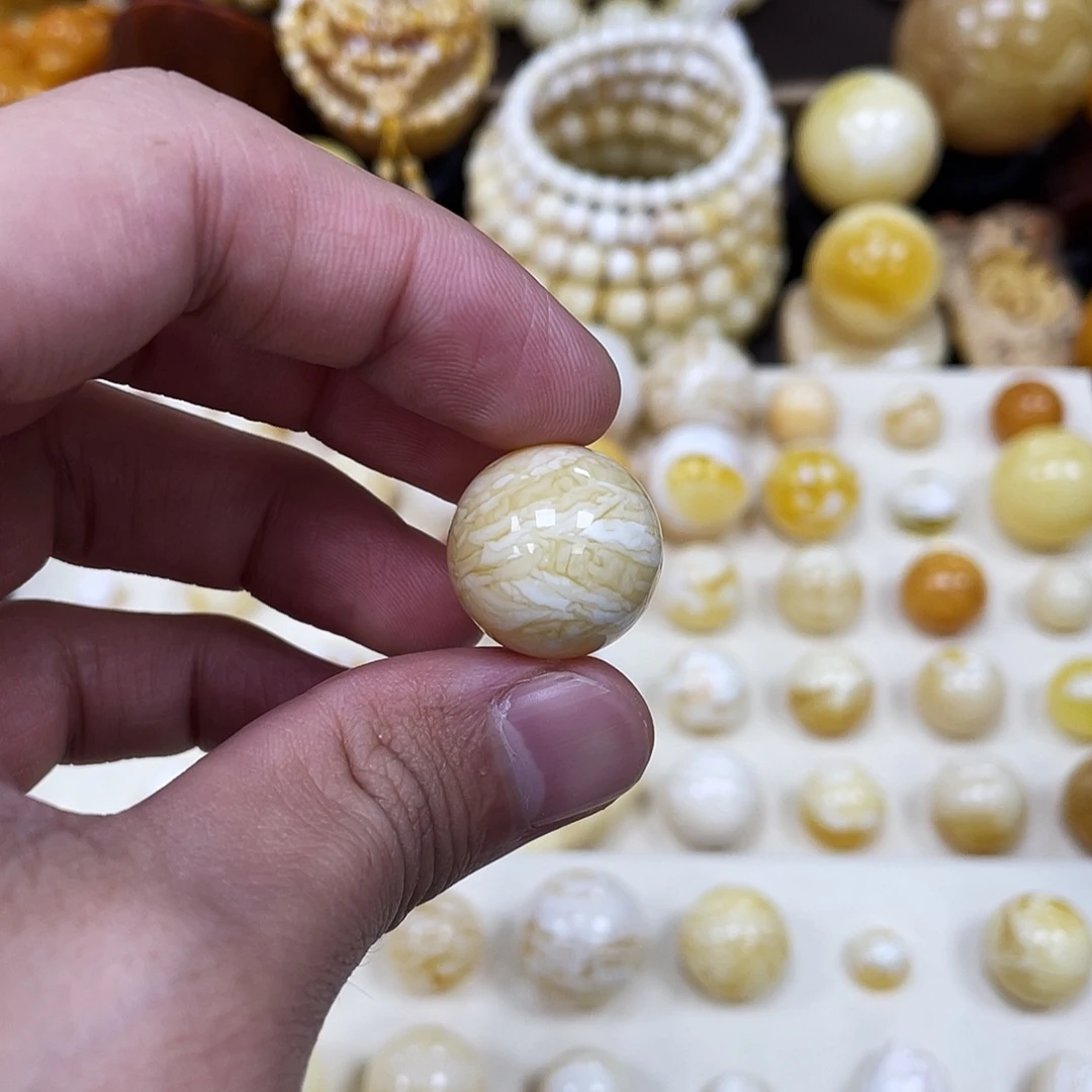 蜜蜡未镶嵌珠宝奇石19.0mm【千层虎皮石膏瓷白】圆珠