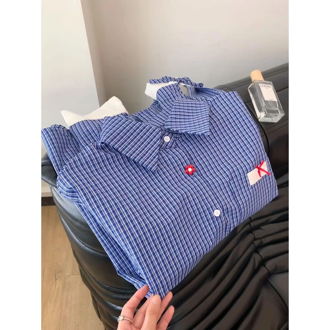 韩系蓝色格子长袖衬衫外套女中长款宽松bf慵懒风oversize上衣25春