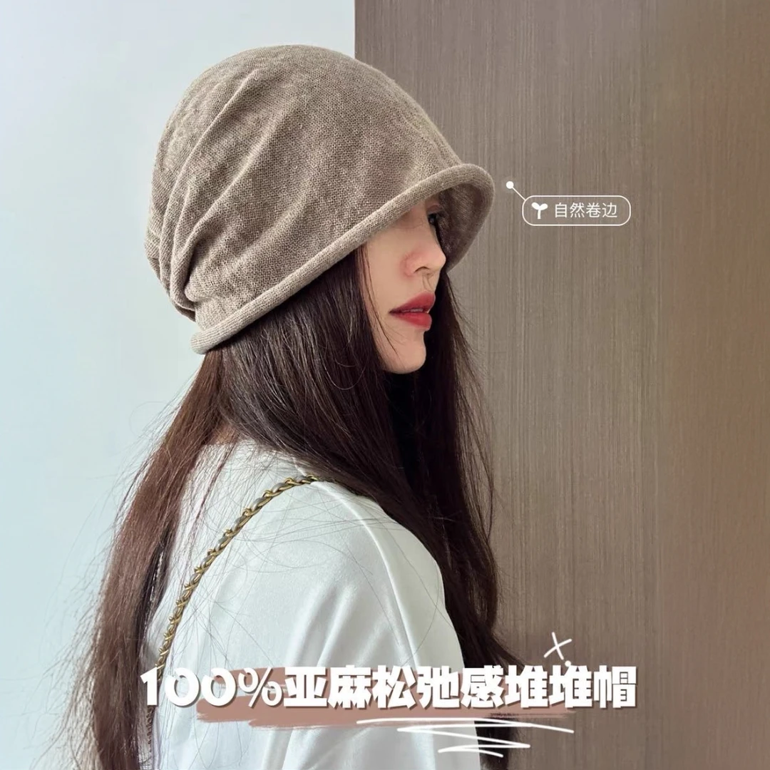 亚麻堆堆帽大头围冷帽女夏季夏天镂空透气薄款男头巾月子针织帽子