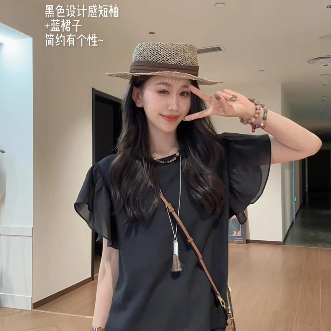 JIUJIU【巴黎气象】时尚百搭气质夏季黑色简约个性不规则设计感衬衫