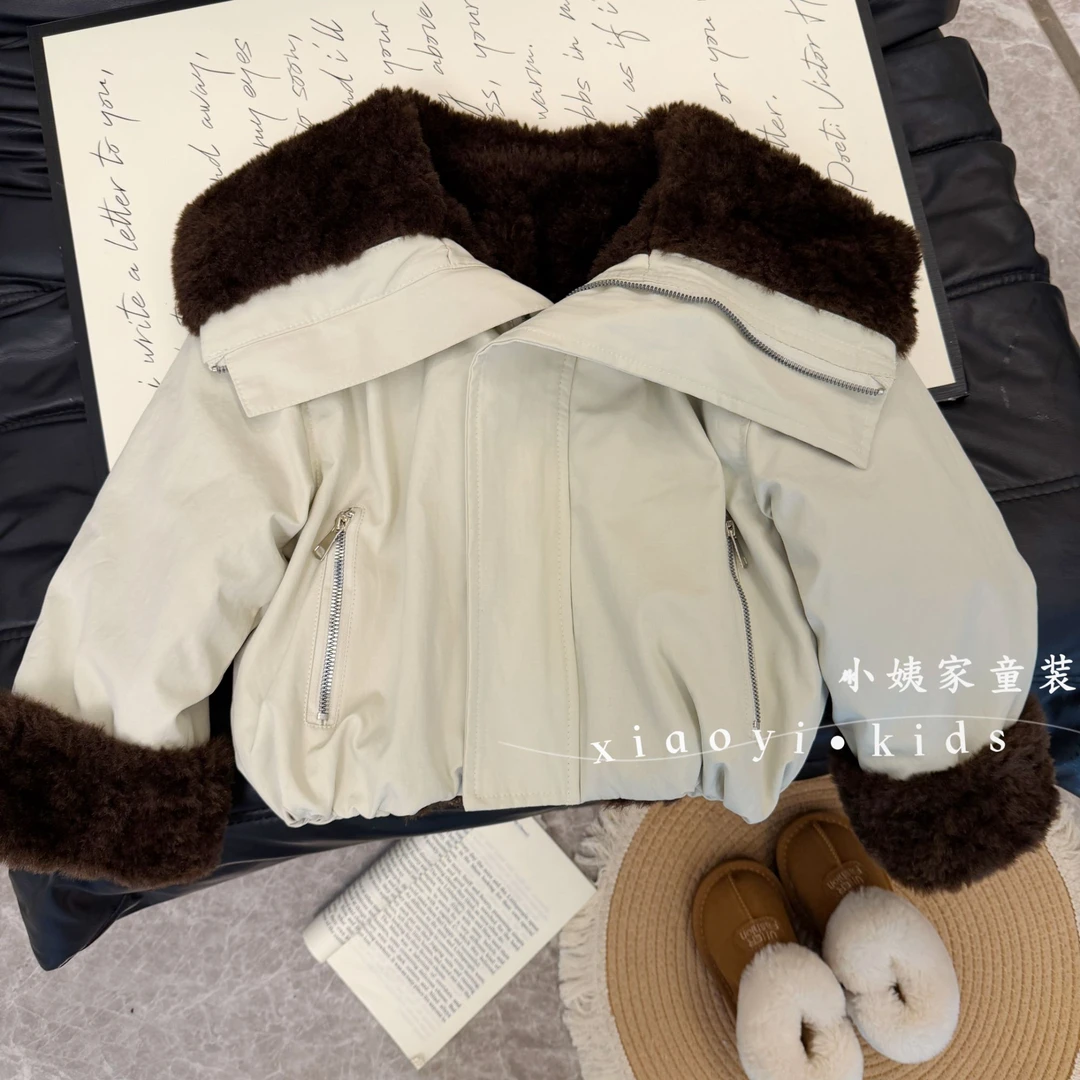 女童棉衣冬季加绒加厚棉服韩版休闲时尚羊羔毛大翻领派克服外套