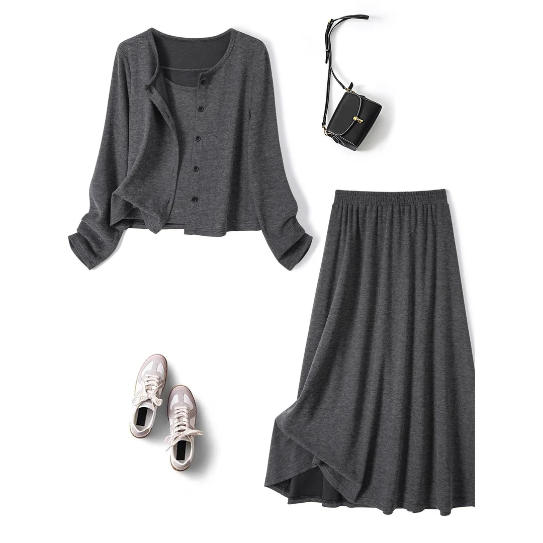 2025秋季新款大码女装胖mm长袖开衫百搭背心A字半身裙显瘦三件套