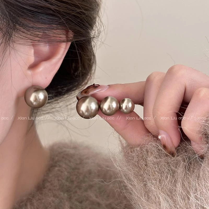 铜合金耳饰  复古摩卡金棕色珍珠耳钉2025新款耳环轻奢气质耳饰女