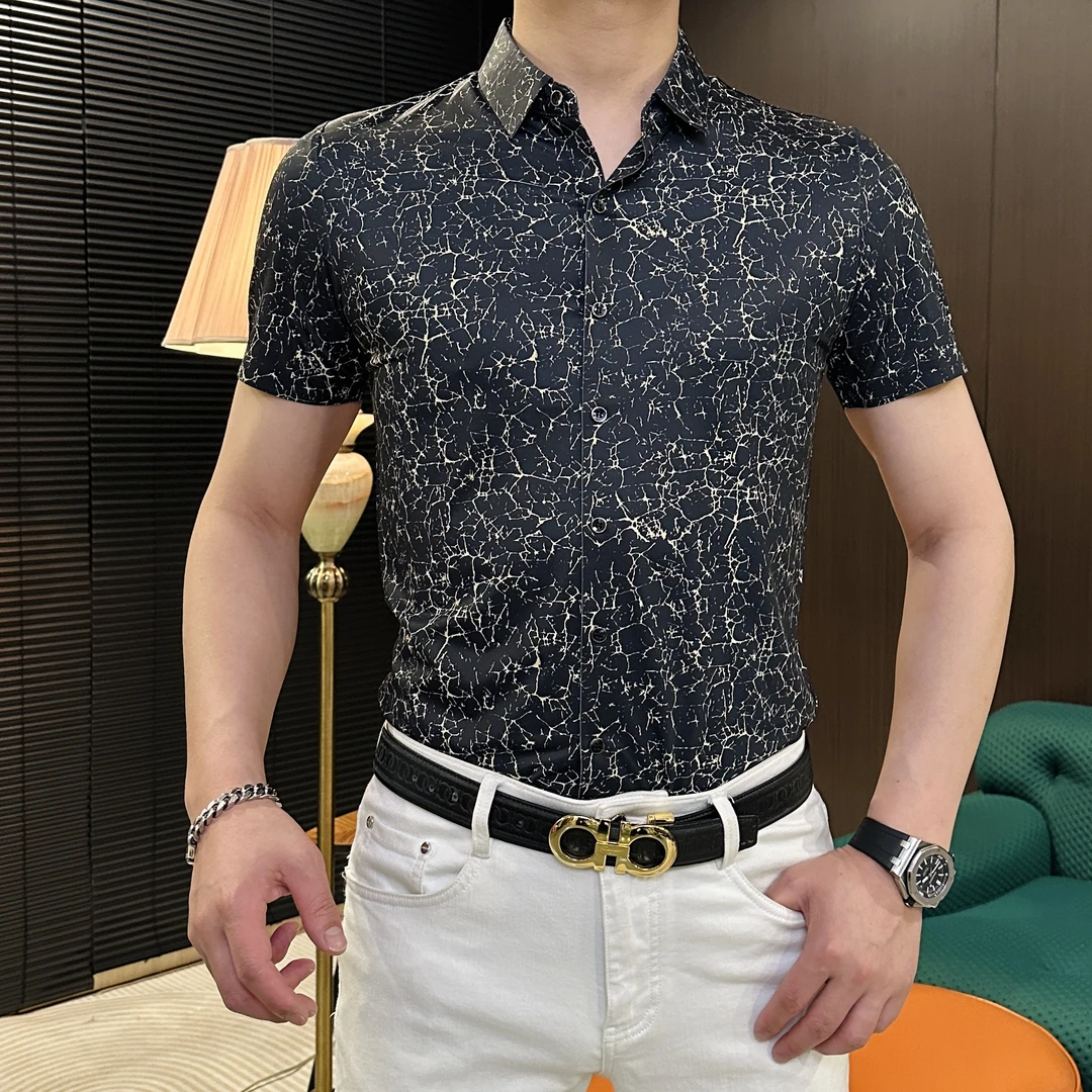【娟娟男装】升级版男士夏季冰丝修身提花休闲百搭高檔短袖衬衣(龟