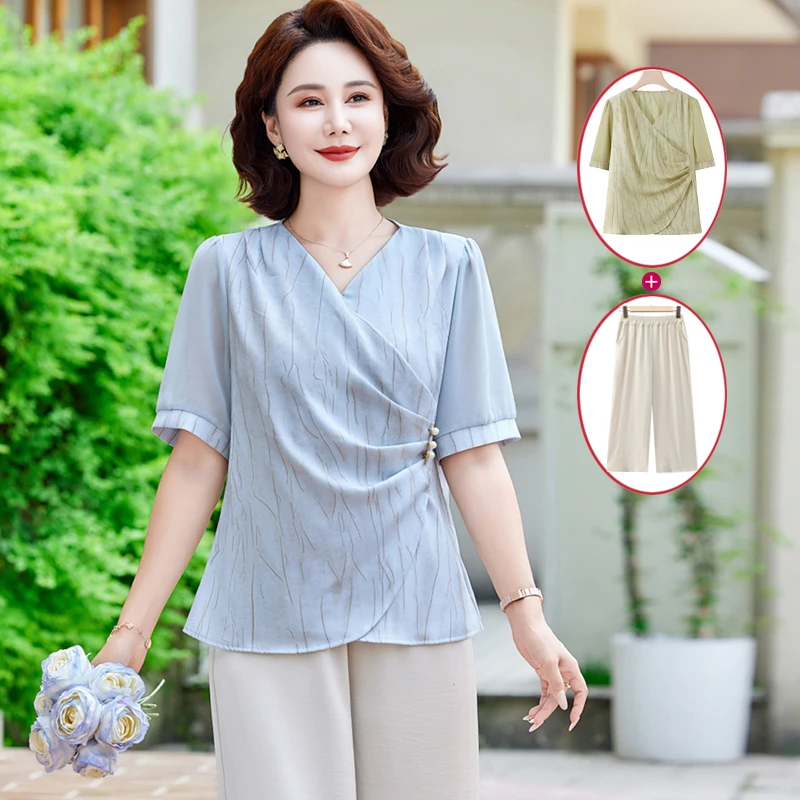 2025新款洋气中老年女装圆领上衣时尚妈妈夏装小衫阔腿裤子两件套