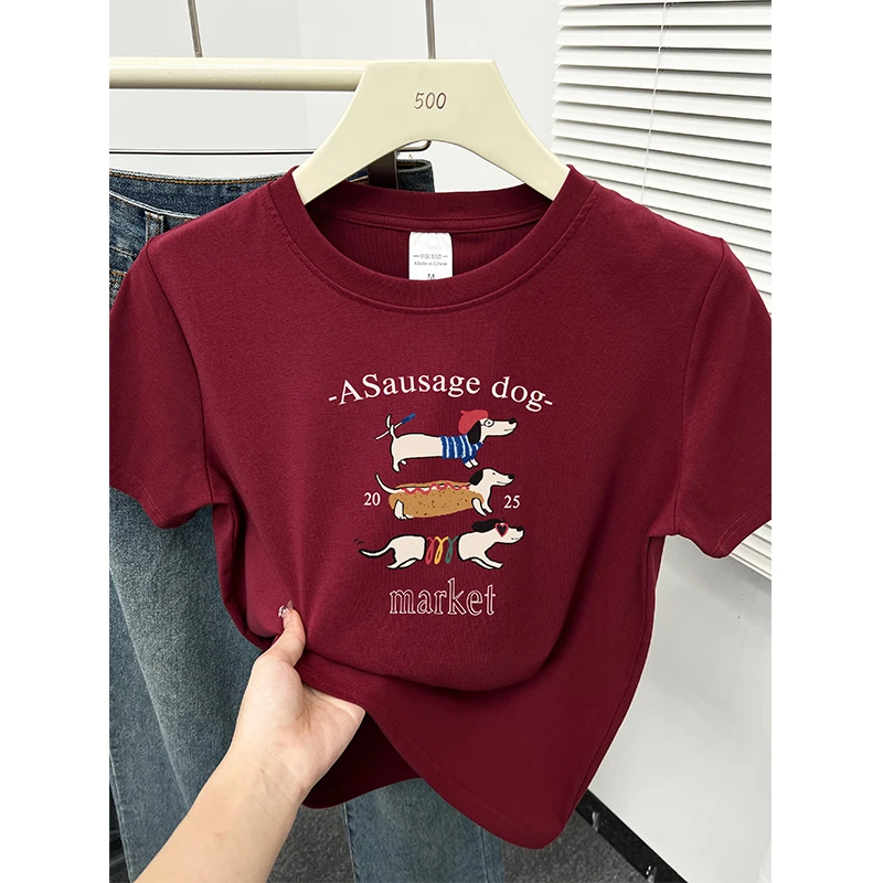 夏季新款韩版时尚休闲减龄印花正肩短袖t恤女装洋气圆领百搭上衣