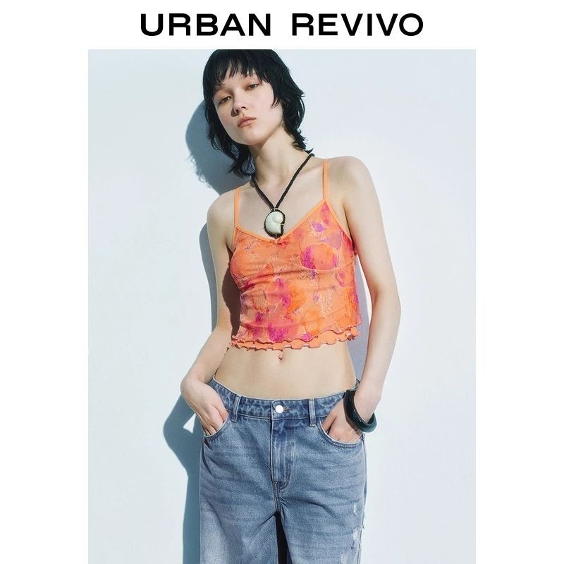 【一秒入夏】UR2025夏季新款女装网纱木耳边吊带背心UYL450100