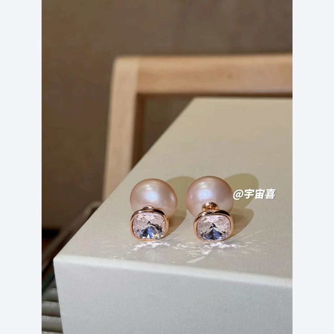 铜合金锆石耳饰  E2-049 【粉金色面包珠贝珠前后耳钉】