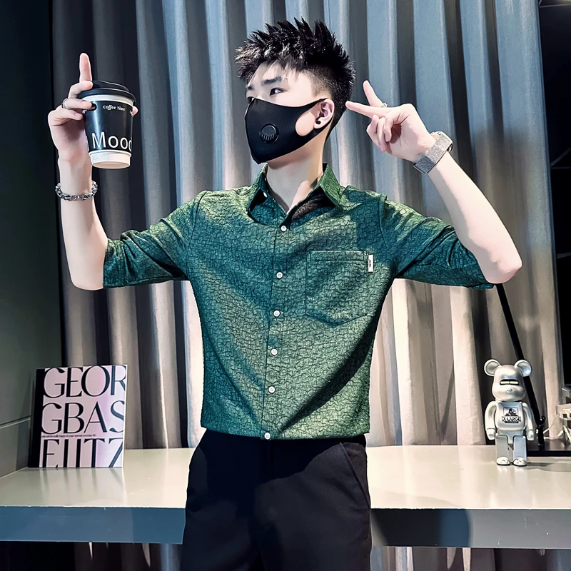 绿色男士衬衫夏季2025新款潮牌痞帅翻领时尚衬衣半袖百搭高级男装